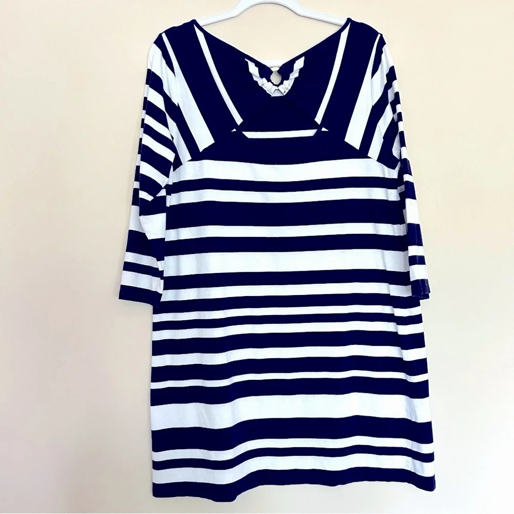 Crown & Ivy Navy Blue and White 3/4 Sleeve Soft Striped Crew Neck Dress - Picture 3 of 7